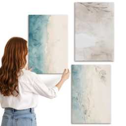 3 Piece Canvas Set - Subtle Watercolor Painterly Texture, Turquoise Wall Art Print, Natural Textures Hanging - thumbnail 3