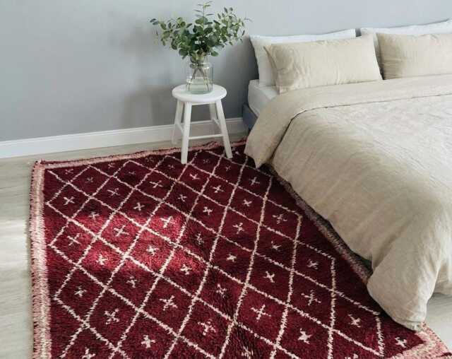 Burgundy & Cream Diamond Grid Moroccan Rug - Handmade Berber Shag Carpet Large Area Wine Red Tribal Star Wool Decor