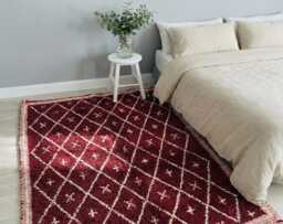 Burgundy & Cream Diamond Grid Moroccan Rug - Handmade Berber Shag Carpet Large Area Wine Red Tribal Star Wool Decor - thumbnail 1