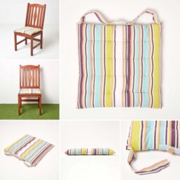 Stripe Seat Pad With Button Straps 100% Cotton, Dining Room Pad, Single & Pack Of 4 - thumbnail 3