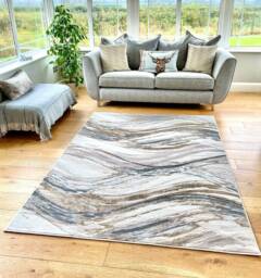 Beige Cream Grey Copper Ripple Shimmer Sheen Effect Modern Rug Silky Soft Chic Design Area Mat