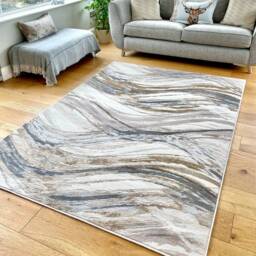 Beige Cream Grey Copper Ripple Shimmer Sheen Effect Modern Rug Silky Soft Chic Design Area Mat - thumbnail 2