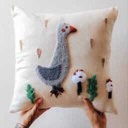 Pillowcase Goose Punch Needle Handmade Craft Home Decor Idea Countryside Theme Cozy Pillow Nature Cute Bird Image Little Grey - thumbnail 3
