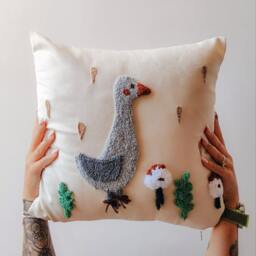 Pillowcase Goose Punch Needle Handmade Craft Home Decor Idea Countryside Theme Cozy Pillow Nature Cute Bird Image Little Grey - thumbnail 1