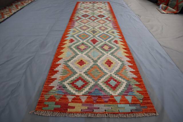 Afghan Kilim Runner Rug 3x10 Ft, Orange Fine Flatweave Multi Color Traditional Handmade Wool Rug - Oriental Hallway Kitchen - image 1