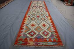 Afghan Kilim Runner Rug 3x10 Ft, Orange Fine Flatweave Multi Color Traditional Handmade Wool Rug - Oriental Hallway Kitchen - thumbnail 1