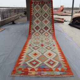 Afghan Kilim Runner Rug 3x10 Ft, Orange Fine Flatweave Multi Color Traditional Handmade Wool Rug - Oriental Hallway Kitchen - thumbnail 2