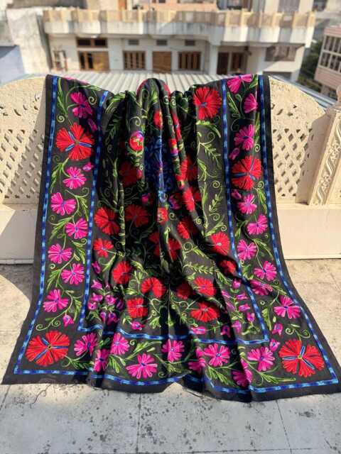 Bohemian Cotton Suzani Hand-Embroidered Quilt, Rich Floral Embroidery, Handmade Reversible Bedding Throw - image 1