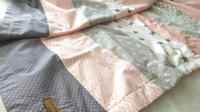stripes - Patchwork Baby Blanket Bedspread Cuddly Blanket With Name Powder Pink/Grey/White - image 1