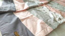 stripes - Patchwork Baby Blanket Bedspread Cuddly Blanket With Name Powder Pink/Grey/White - thumbnail 1