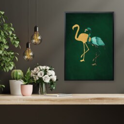 Emerald Green & Gold Flamingo Print, Wall Art, Maximalist Art - thumbnail 1