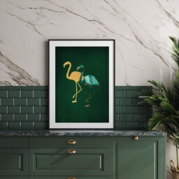Emerald Green & Gold Flamingo Print, Wall Art, Maximalist Art - thumbnail 2