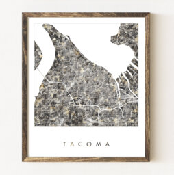 Tacoma Map Urban Fabric Watercolor Texture Painting Washington City Plan - Art Print Travel Wedding Anniversary Realtor Moving Gift Coal - thumbnail 1