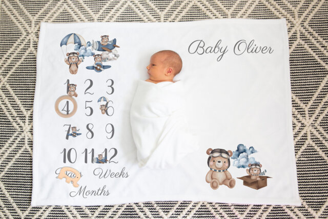 Personalised Aviator Bear Milestone Blanket, Custom Nursery Cushion, Book, Name Plaque - image 1