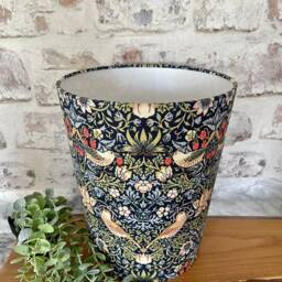 William Morris Waste Paper Bin, Fabric Desk Handmade Basket, Decorative Home Office Bin - Strawberry Thief Navy - Medium - thumbnail 3