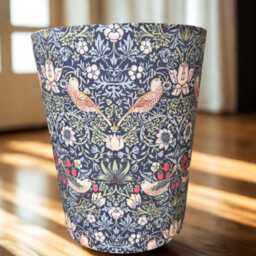 William Morris Waste Paper Bin, Fabric Desk Handmade Basket, Decorative Home Office Bin - Strawberry Thief Navy - Medium - thumbnail 4