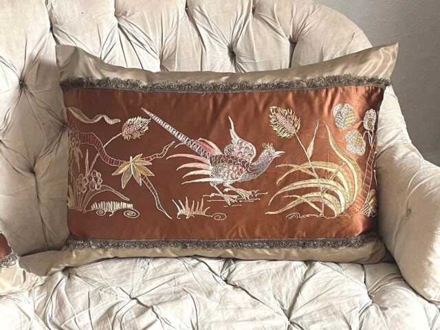 Silk Embroidered Chinoiserie Pillow 1900 French Vintage Cushion - image 1