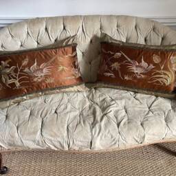 Silk Embroidered Chinoiserie Pillow 1900 French Vintage Cushion - thumbnail 2