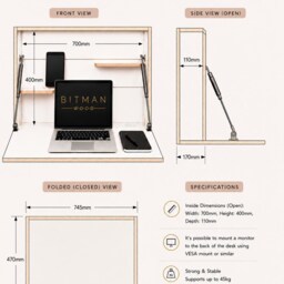 Original Desk Black Limited Fold Down Home Office Floating Wall Mounted Table Secretary Murphy - thumbnail 4
