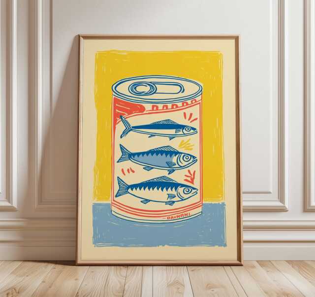 Sardine Tin Poster, Retro Kitchen Wall Art, Bold Yellow & Blue Print, Pop Style Food Illustration, Modern Coastal Home Decor Artwork - image 1