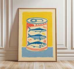 Sardine Tin Poster, Retro Kitchen Wall Art, Bold Yellow & Blue Print, Pop Style Food Illustration, Modern Coastal Home Decor Artwork - thumbnail 1