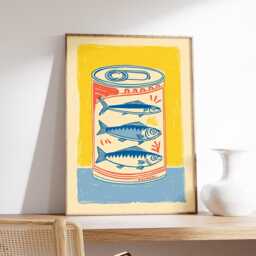 Sardine Tin Poster, Retro Kitchen Wall Art, Bold Yellow & Blue Print, Pop Style Food Illustration, Modern Coastal Home Decor Artwork - thumbnail 2