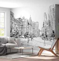 City Street Wall Mural Graphic Perspective Wallpaper Graffiti Office Skyline Black White Customizable Wall Decal - thumbnail 1