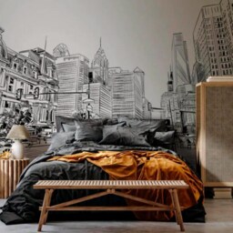 City Street Wall Mural Graphic Perspective Wallpaper Graffiti Office Skyline Black White Customizable Wall Decal - thumbnail 2