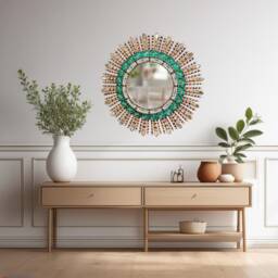 Peruvian Green Eye Mirror 60 cm Handmade Wall Decor - Carved Wood Round Statement For Living Room Bathroom - thumbnail 3