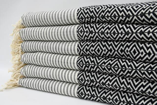 "Black Towel, Striped Towel, Turkish Towel, Cotton Peshtemal, 40""x70" - image 1