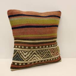 Vintage Turkish Kilim Pillow Cover, Bohemian Striped Wool Cushion - 12x12 - thumbnail 2