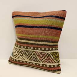 Vintage Turkish Kilim Pillow Cover, Bohemian Striped Wool Cushion - 12x12 - thumbnail 3