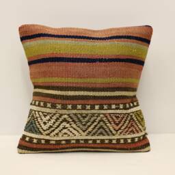 Vintage Turkish Kilim Pillow Cover, Bohemian Striped Wool Cushion - 12x12 - thumbnail 1