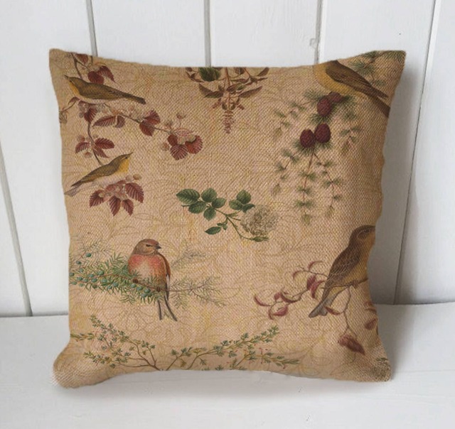 Birds On Braches Vintage - Cushion Fabric Panel Or Case Or With Filling Rustic Natural Jute Burlap Hessian