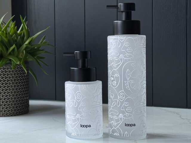Frosted Glass Soap Dispenser With White Line Art Wrap, Choose 250Ml Or 500Ml Size, Artistic Eco Bottle For Modern Bathroom Gift - image 1