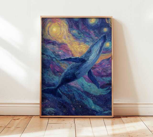 Whale Wall Art Print, Starry Night Ocean Animal Poster, Surreal Sky Illustration, Nautical Sea Life Decor - image 1