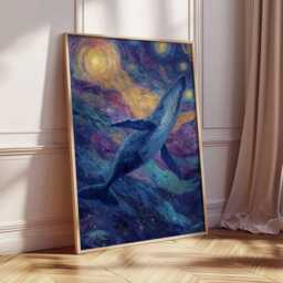Whale Wall Art Print, Starry Night Ocean Animal Poster, Surreal Sky Illustration, Nautical Sea Life Decor - thumbnail 2
