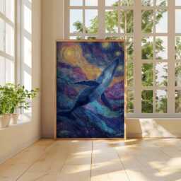 Whale Wall Art Print, Starry Night Ocean Animal Poster, Surreal Sky Illustration, Nautical Sea Life Decor - thumbnail 3