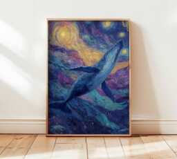 Whale Wall Art Print, Starry Night Ocean Animal Poster, Surreal Sky Illustration, Nautical Sea Life Decor - thumbnail 1