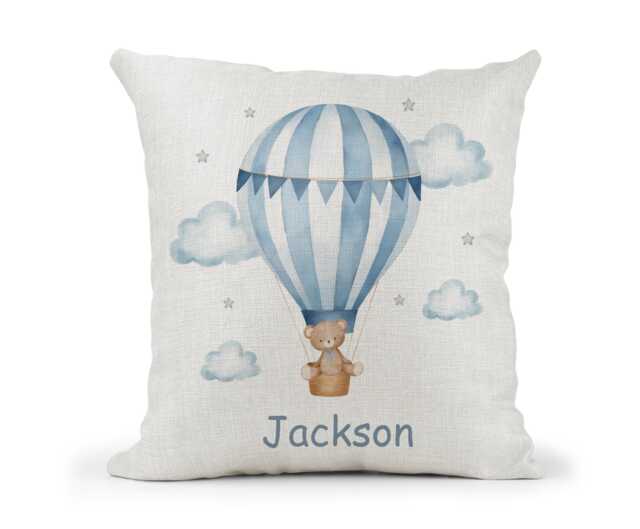 Personalised Teddy Hot Air Balloon Bear Baby Blue Baby, Children's Nursery Bedroom Cream Cushion.. . New Baby Keepsake.. Cute Bear - image 1
