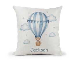 Personalised Teddy Hot Air Balloon Bear Baby Blue Baby, Children's Nursery Bedroom Cream Cushion.. . New Baby Keepsake.. Cute Bear - thumbnail 1