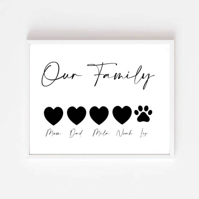 Personalised Family Print, Family & Dog Heart Print, Mothers Day Print, Hallway Print, Gift For Mum, Family Gift, Gift Nan - image 1
