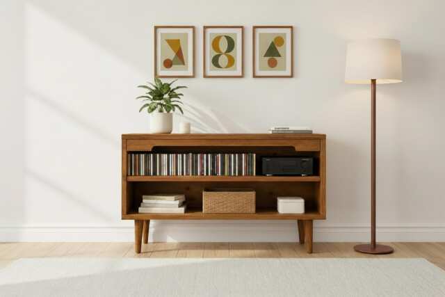 Mid-Century Modern Cd Storage Cabinet - Wooden Media Unit With 2 Shelves - image 1