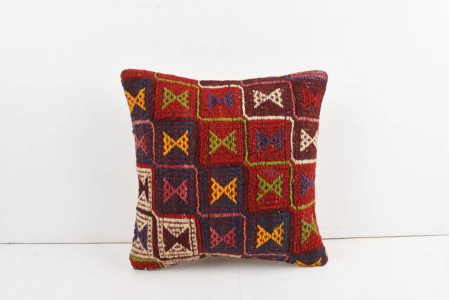Vintage Turkish Kilim Pillow Cover Handwoven Wool Cushion, 16x16 - image 1