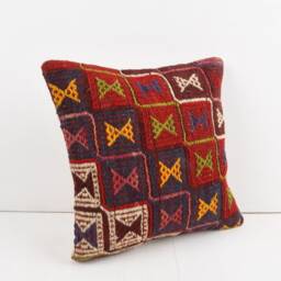 Vintage Turkish Kilim Pillow Cover Handwoven Wool Cushion, 16x16 - thumbnail 2