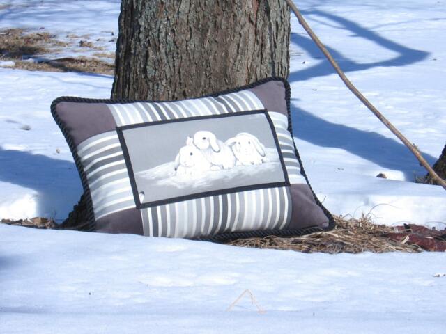 Rabbit Boudoir Pillow - Striped Cotton & Velvet Accent Pillow, Handmade in Canada - image 1