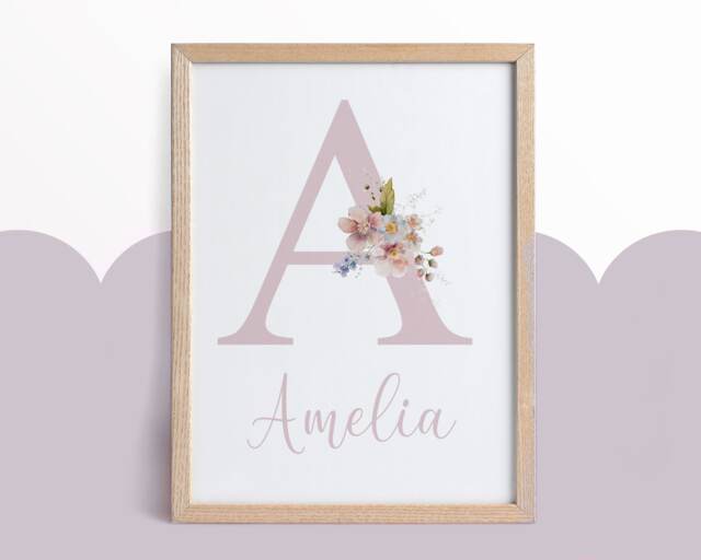 Floral Name Print, Girl Nursery Prints, Nursery Wall Decor, Pink, Floral, Baby Girl, Personalised, New Baby Gift, Bedroom, Wall Art, Baby Girl - image 1