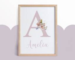 Floral Name Print, Girl Nursery Prints, Nursery Wall Decor, Pink, Floral, Baby Girl, Personalised, New Baby Gift, Bedroom, Wall Art, Baby Girl - thumbnail 1