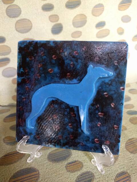 Beautiful Blue Bullwhippet, Square Tile, in Midnight With Silver Stars Background, Recycled Plastic - image 1