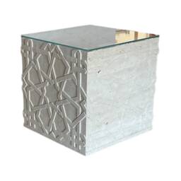 Seljuk Cube Side Table With Tempered Glass Top - Beige Travertine - 40x40 cm - 16x16 Inc - thumbnail 3